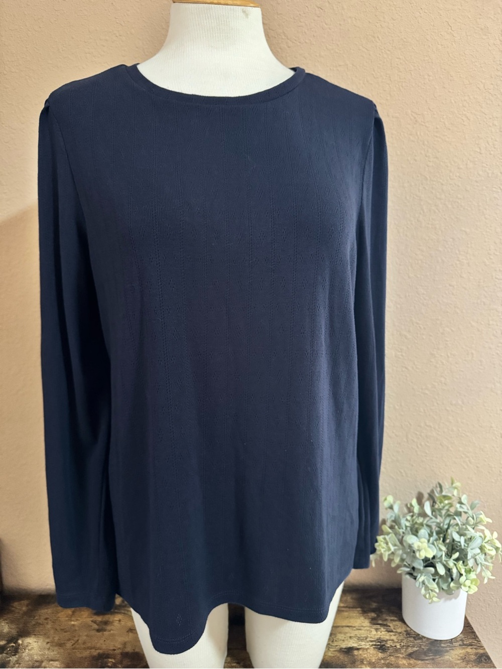 Well Worn Navy Long-Sleeve Crewneck Top with Eyelet Detail